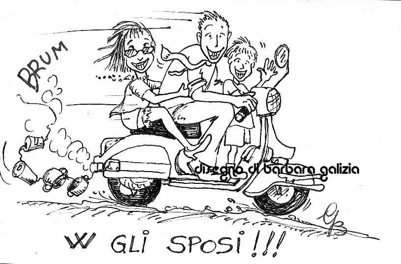 caricatura sposi in vespa matrimonio china